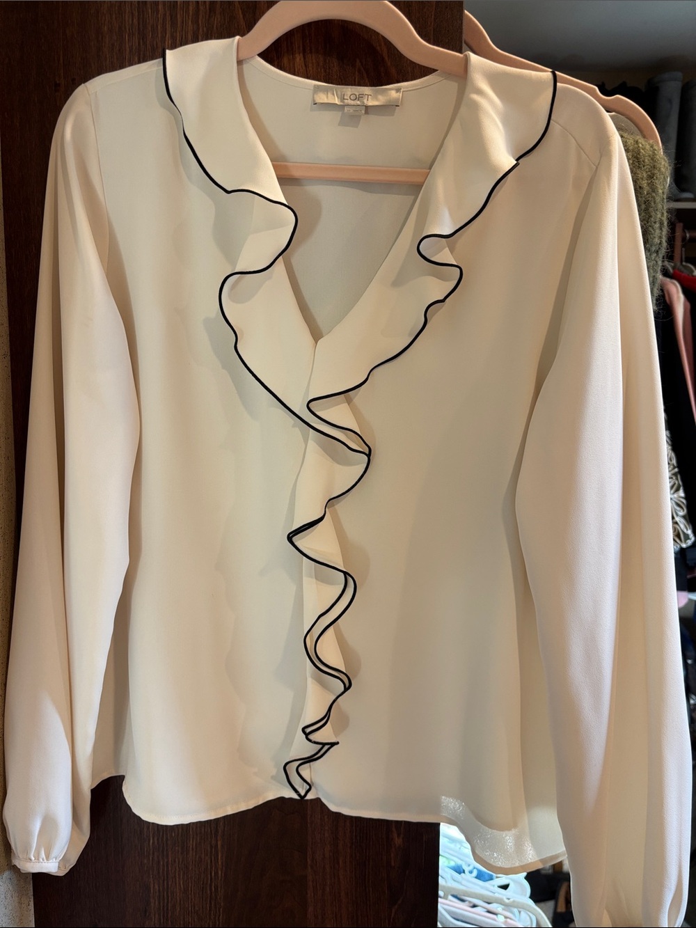 LOFT Cream Ruffle-Trim Blouse with Black Piping